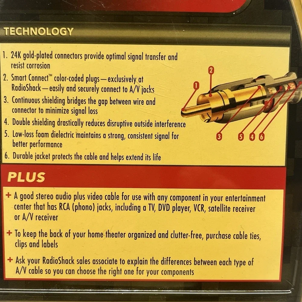 RadioShack 3 FT Stereo A/V Cable 24K Gold Plated Connectors RCA NOS 15-3020